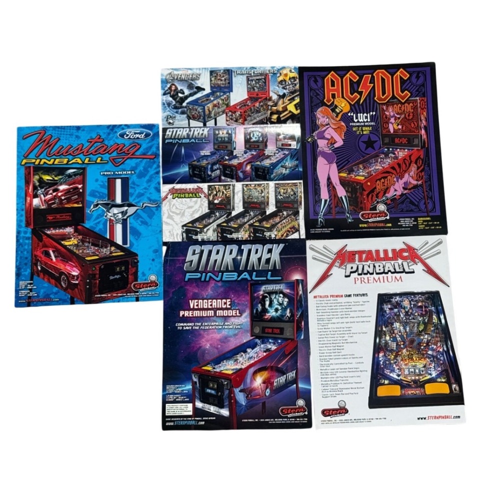 Stern Pinball Promo Flyer Lot 5pc Mustang Star Trek AC/DC Metallica Excellent